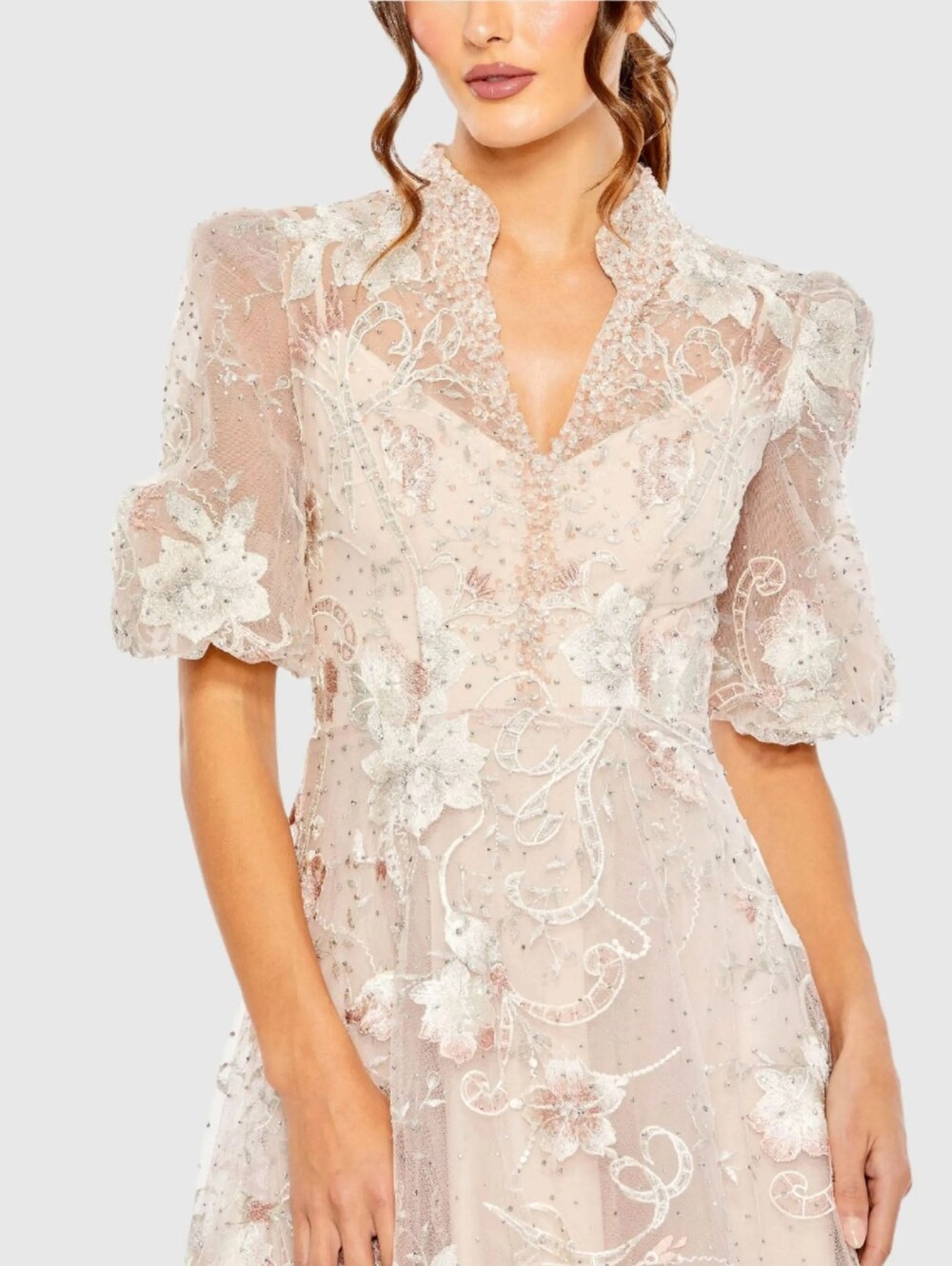 NWT Mac Duggal Size 16 Blush Queen Anne Puff Sleeve Embroidered A-Line Gown - Picture 7 of 15